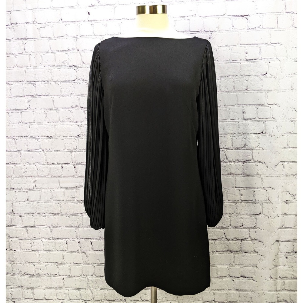 White House Black Market Size 8 Black Sheath Dress Shear Pleated Balloon Sleeves